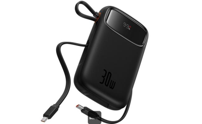 Baseus QPow2 10000mAh Digital Display Fast Charge Power Bank 30W With Built-in Dual Type-C Cable - Black